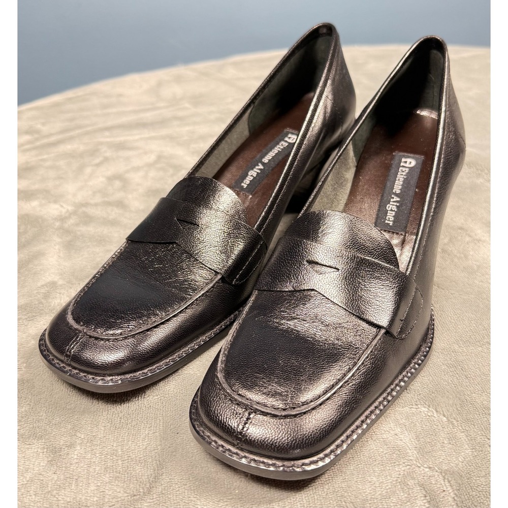 Etienne Aigner Parlor Loafer Heels Womens 7.5 Black Leather Penny Pump